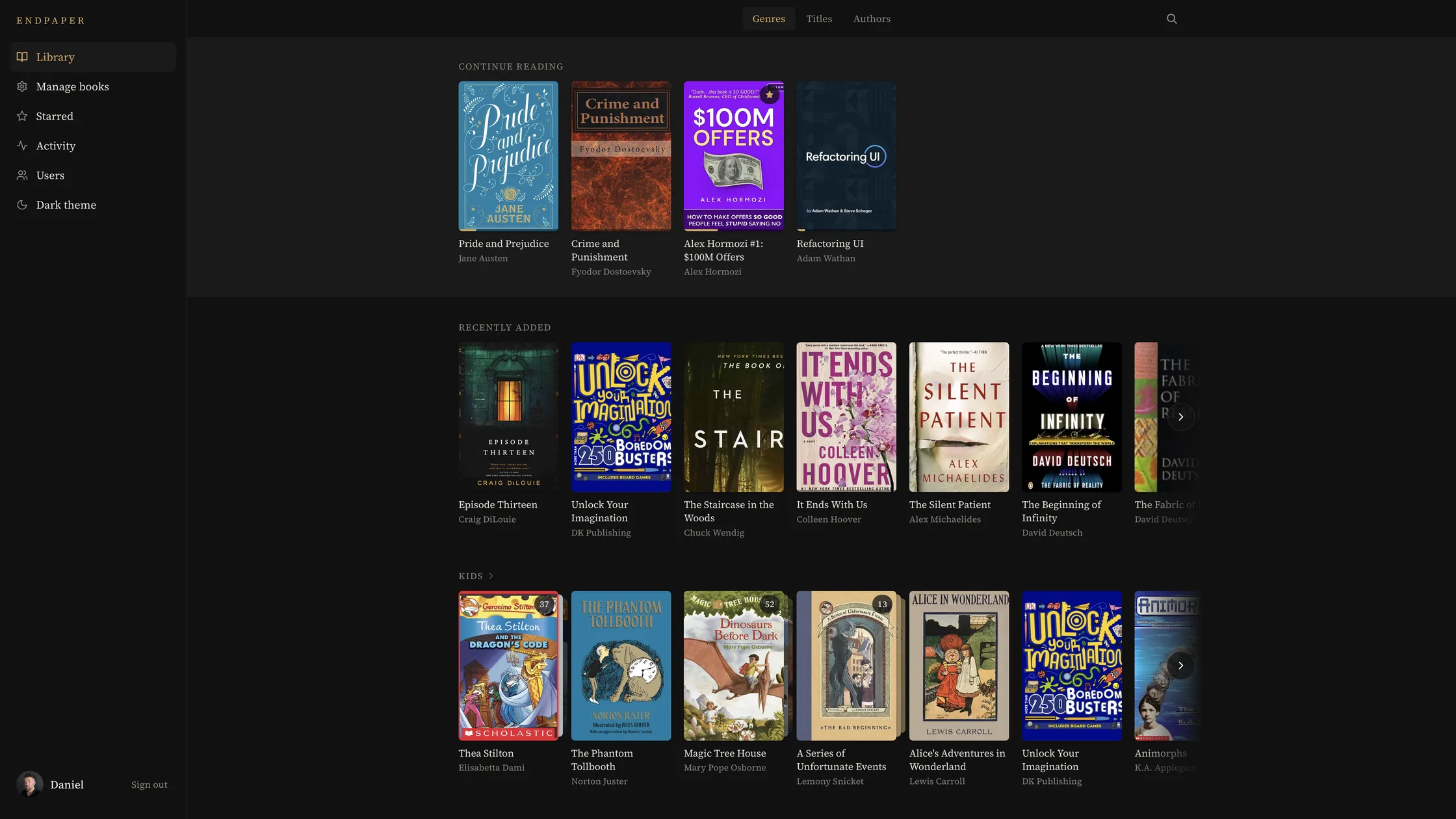 Endpaper's library in a desktop browser: shelves of book covers on a dark theme.
